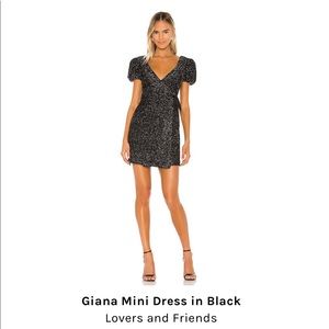 Lovers and Friends black sparkly wrap dress puff sleeve